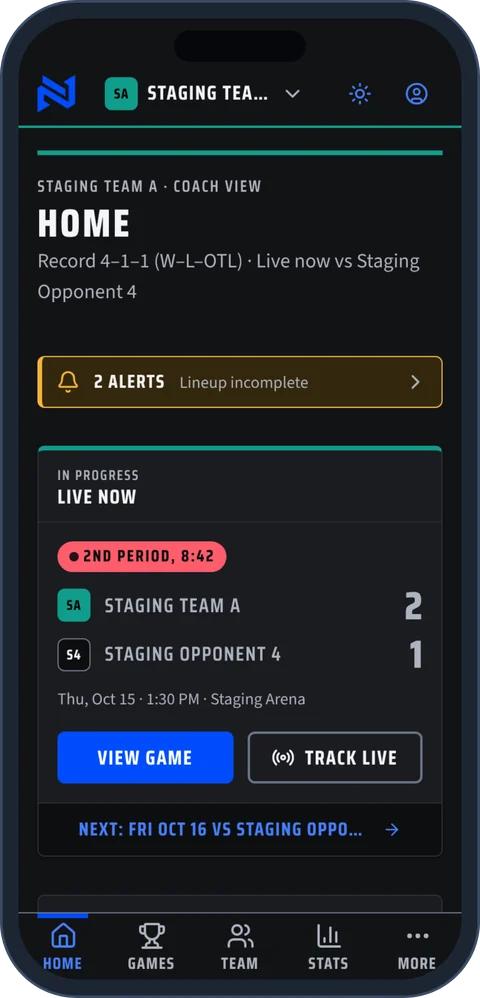 The Nexus app's Home screen for a demo team, with alerts and a live game at 2–1 (sample data)