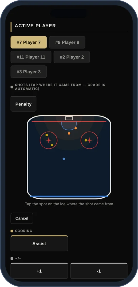 Live tracking: tap the rink where each shot came from; shots are colored by danger (sample data)